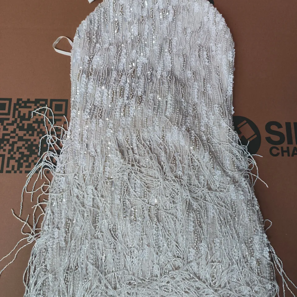 NADINE MERABI WHITE BEADED HALTERNECK DRESS SIZE UK 8