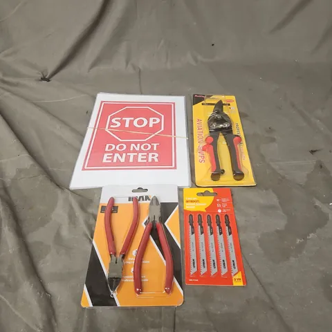 APPROXIMATELY 12 ASSORTED ITEMS TO INCLUDE "STOP DO NOT ENTER SIGNS", WOOD JIGSAW BLADES, PLIERS, AVIATION SNIPS ETC