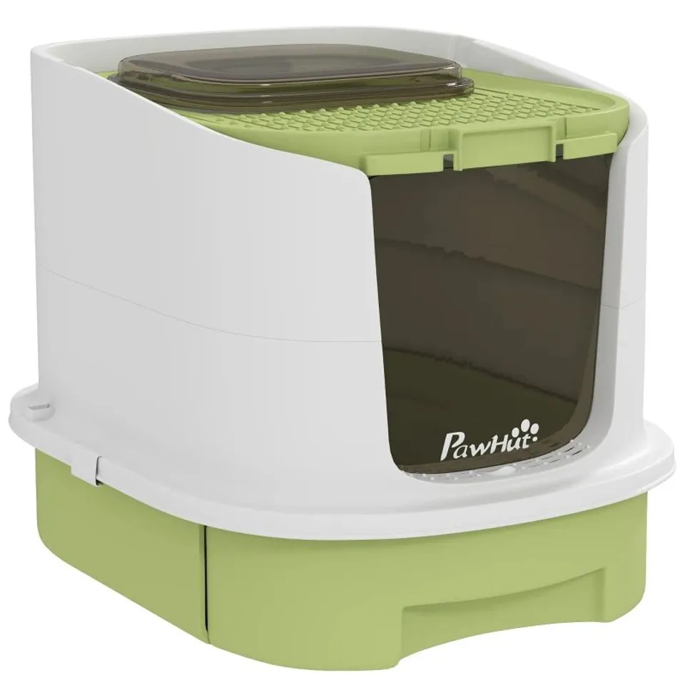 BOXED PAWHUT CAT LITTER BOX WITH LID, SCOOP, DEODORISATION BAGS, TOP ENTRY, GREEN (1 BOX)