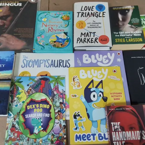 LARGE QUANTITY OF ASSORTED BOOKS TO INCLUDE SHARDS OF EARTH, LOVE TRIANGLE AND BLUEY ACTIVITY BOOKS - COLLECTION ONLY