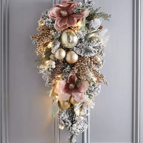 FROSTED ROSE PRE-LIT TEARDROP CHRISTMAS WREATH