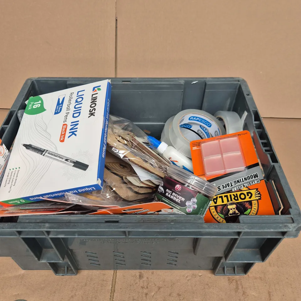 TOTE OF APPROXIMATELY 10 ASSORTED ITEMS INCLUDING LINOSK LIQUID INK ROLLERBALL PEN, BIG RIVER BARBEL DUMBELL HOOKERS AND TIGER WASHABLE PVA GLUE