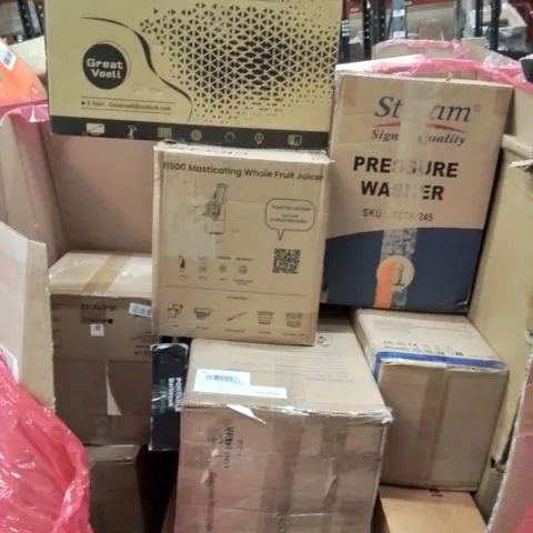 PALLET CONTAINING VARIOUS ASSORTED HOUSEHOLD ITEMS TO INCLUDE: PORTABLE BBQ, PC MONITOR, PRESSURE WASHER, JUICERS AND LOTS MORE UNMARKED BOXED ITEMS 