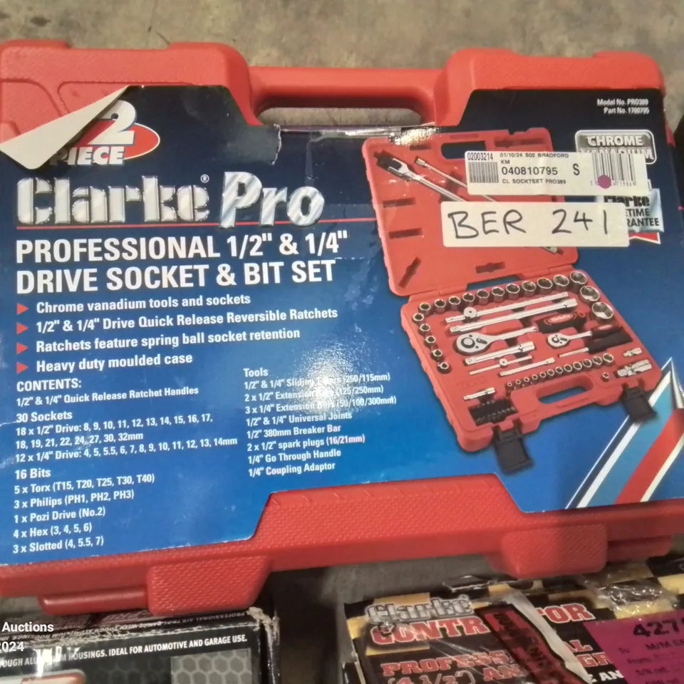 BOX OF MIXED TOOLS 5O INCLUDE, ANGLE GRINDER, CLARKE PROFESSIONAL DRIVE SOCKET SET, 18V CORDLESS NAILER/STAPLER, BOXED 115MM ANGLE GRINDER