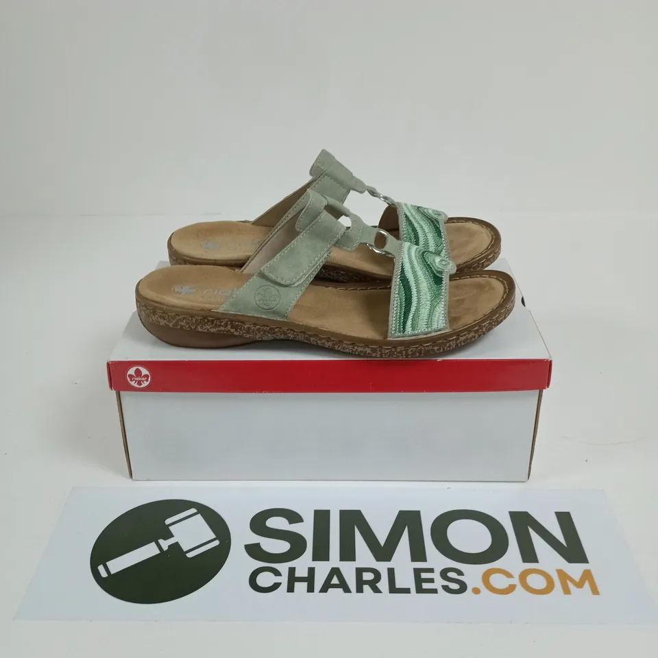 BOXED PAIR OF RIEKER OPEN TOE SANDALS IN GREEN - SIZE 41