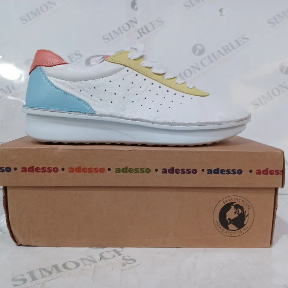BOXED PAIR OF ADESSO EMILY LEATHER TRAINERS IN WHITE/MULTICOLOUR SIZE 6