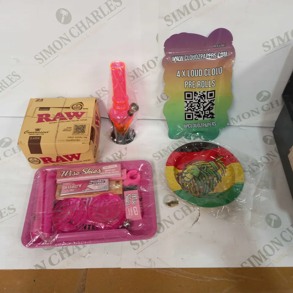 BOX OF APPROX 30 ASSORTED ITEMS TO INCLUDE - WISE SKIES STARTER KIT, RAW PACKS, LOUD CLOUD PRE ROLLS ETC