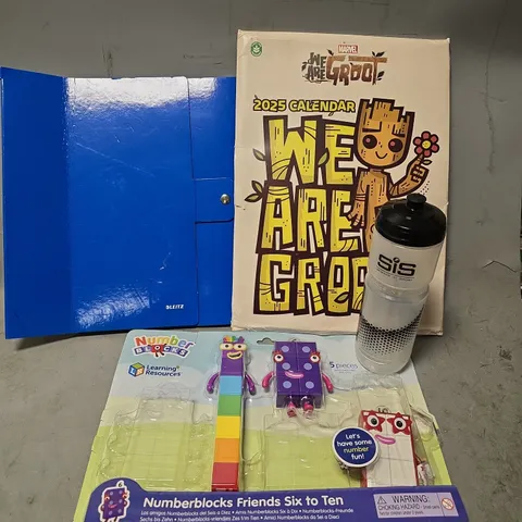 BOX OF APPROXIAMTELY 15 ASSORTED ITEMS TO INCLUDE - MARVEL WE ARE GROOT , SIS WATER BOTTLE , NUMBER BLOCK ETC