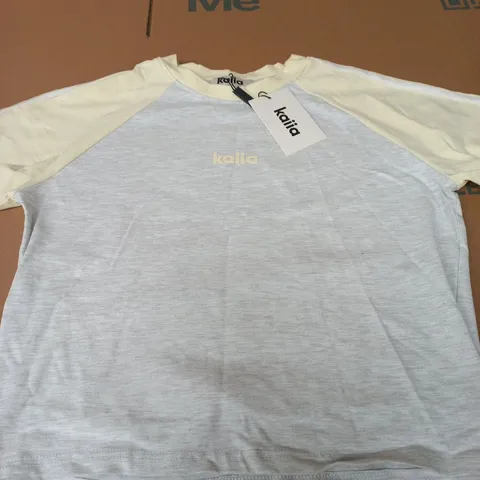 KAIIA CONTRAST PANEL BABY TEE – LIGHT GREY MARL & LEMON, SIZE 14