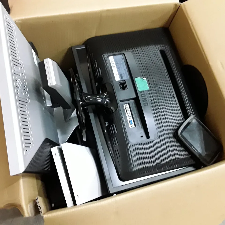 BOX OF ASSORTED OFFICE EQUIPMENT INCLUDING MONITORS & DESKTOPS