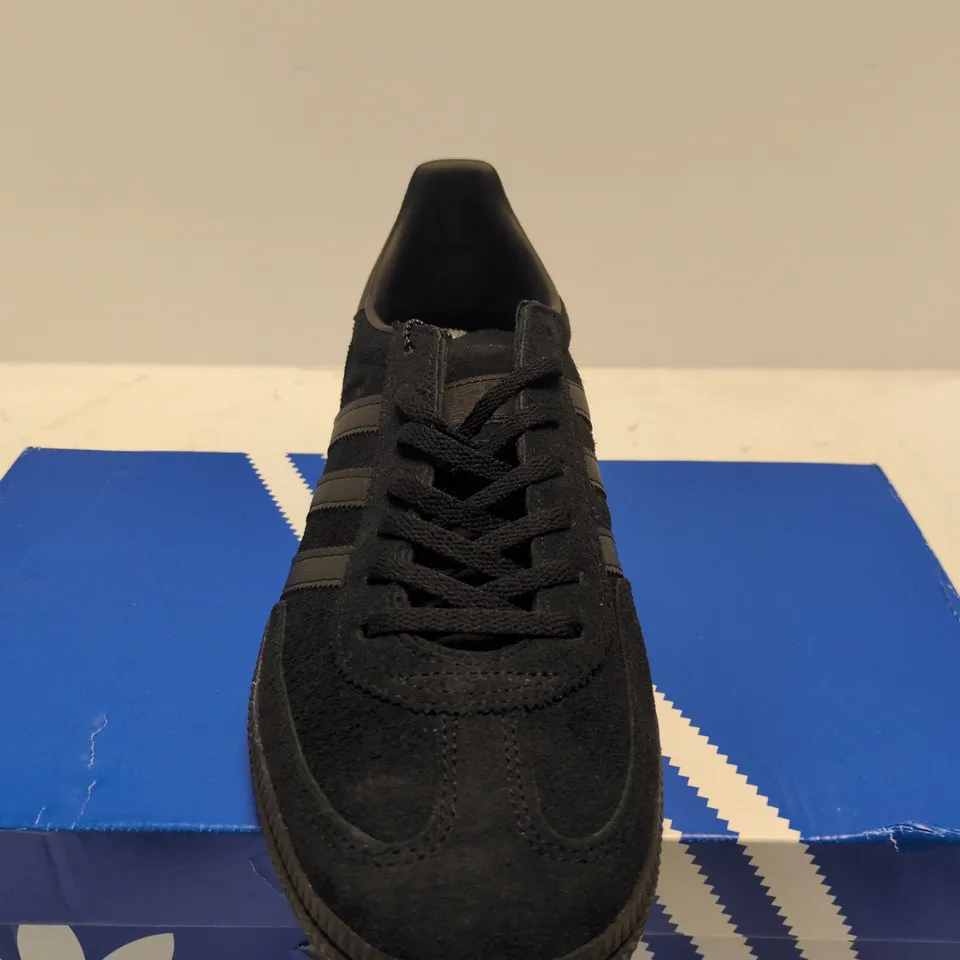 BOXED PAIR OF ADIDAS HANDBALL SPEZIAL SNEAKERS – BLACK SUEDE, UK 9