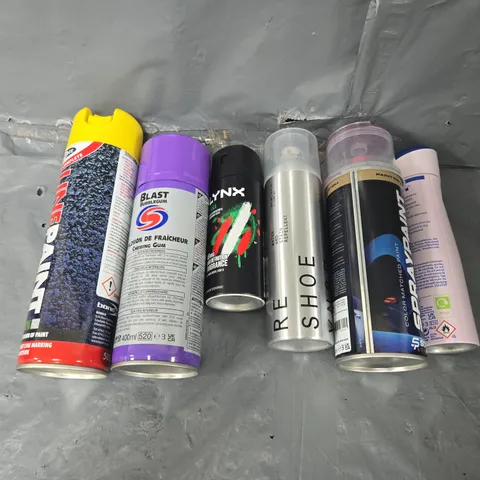 APPROXIMATELY 10 ASSORTED AEROSOLS TO INCLUDE BODY SPRAY, SHOE SPRAY REPELENT, AND LINE PAINT ETC.