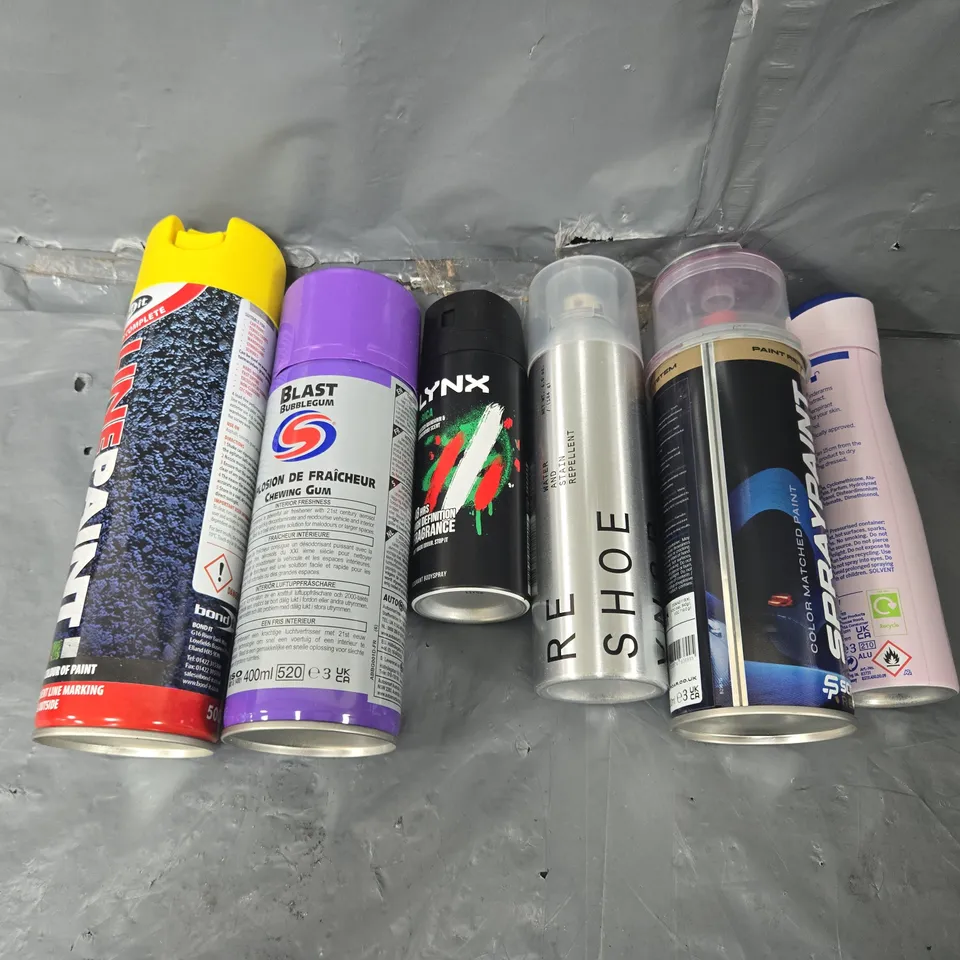 APPROXIMATELY 10 ASSORTED AEROSOLS TO INCLUDE BODY SPRAY, SHOE SPRAY REPELENT, AND LINE PAINT ETC. 