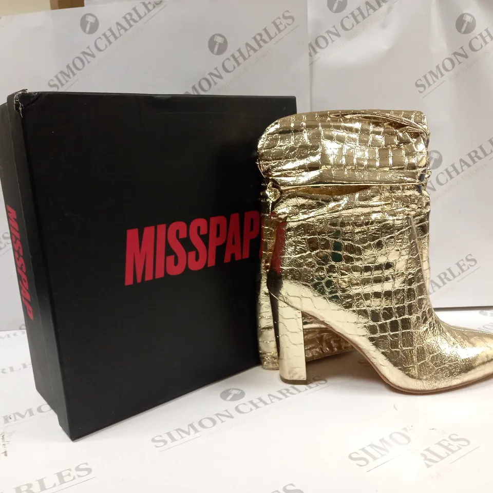 BOXED PAIR OF MISSPAP METALLIC RUCHED CROC KNEE HIGH BOOTS UK SIZE 7