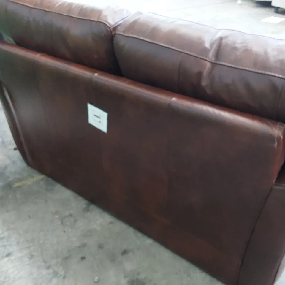 DESIGNER TWO SEATER SCROLL ARM SOFA CHESTNUT LEATHER