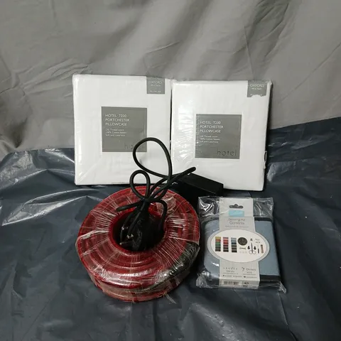 BOX OF APPROXIMATELY 15 ASSORTED HOUSEHOLD ITEMS TO INCLUDE PILLOWCASES, EXTENSION PLUG, SEWING KIT ETC