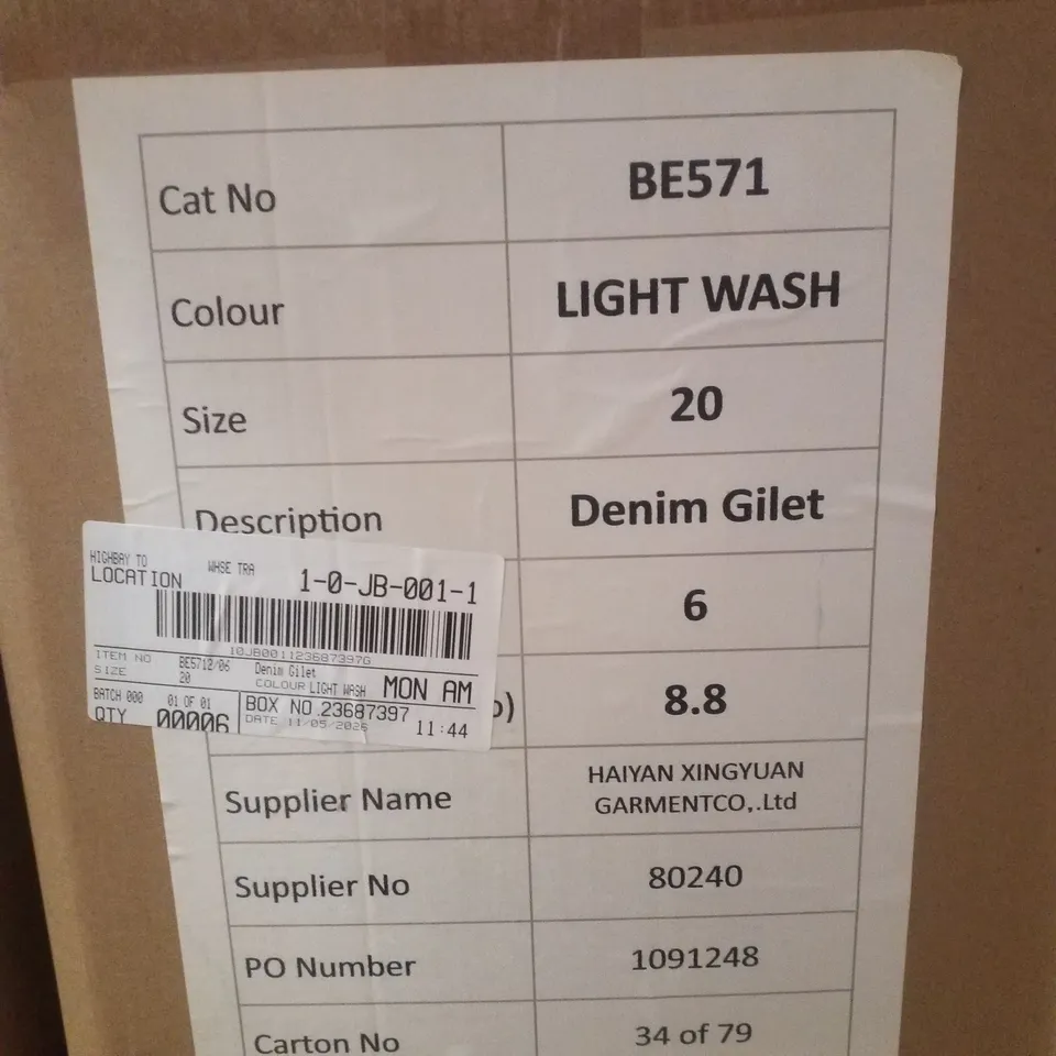 BOX CONTAINING APPROXIMATELY 6 BRAND NEW SIMPLY BE BLUE REGULAR SLEEVELESS DENIM GILETS - SIZE 20