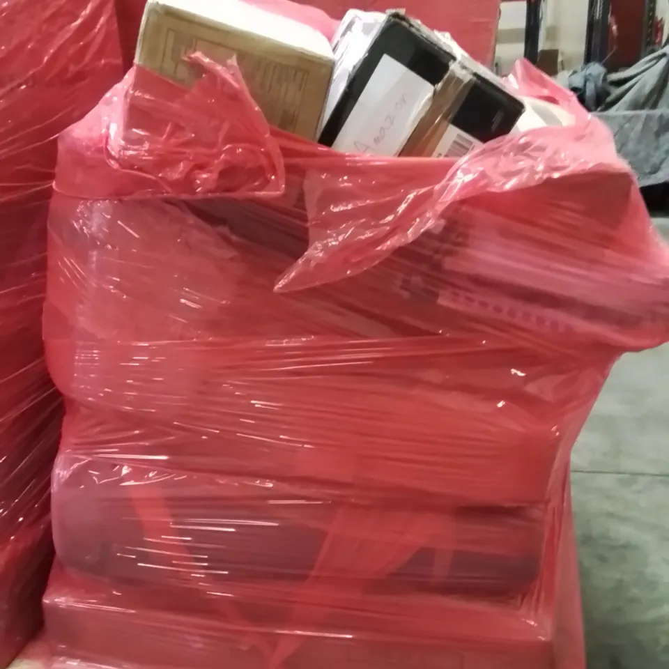 PALLET CONTAINING VARIOUS ASSORTED BOXED HOUSEHOLD ITEMS TO INCLUDE: PLAYPEN, TOWER FAN,  AND LOTS MORE UNMARKED BOXED ITEMS 