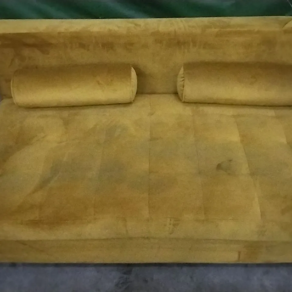 DESIGNER MUSTARD PLUSH VELVET SMALL SOFABED WITH STROLL CUSHIONS (SIDES MISSING)