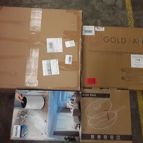 PALLET OF ASSORTED HOUSEHOLD ITEMS TO INCLUDE WORK PANS, COFFE TABLE, SHOWER CHAIR AND AIR PURIFIER ECT