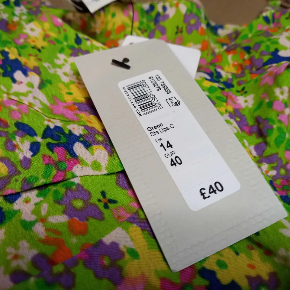 RIVER ISLAND CREPE STYLE GREEN FLORAL SLEEVELESS TOP - SIZE 14
