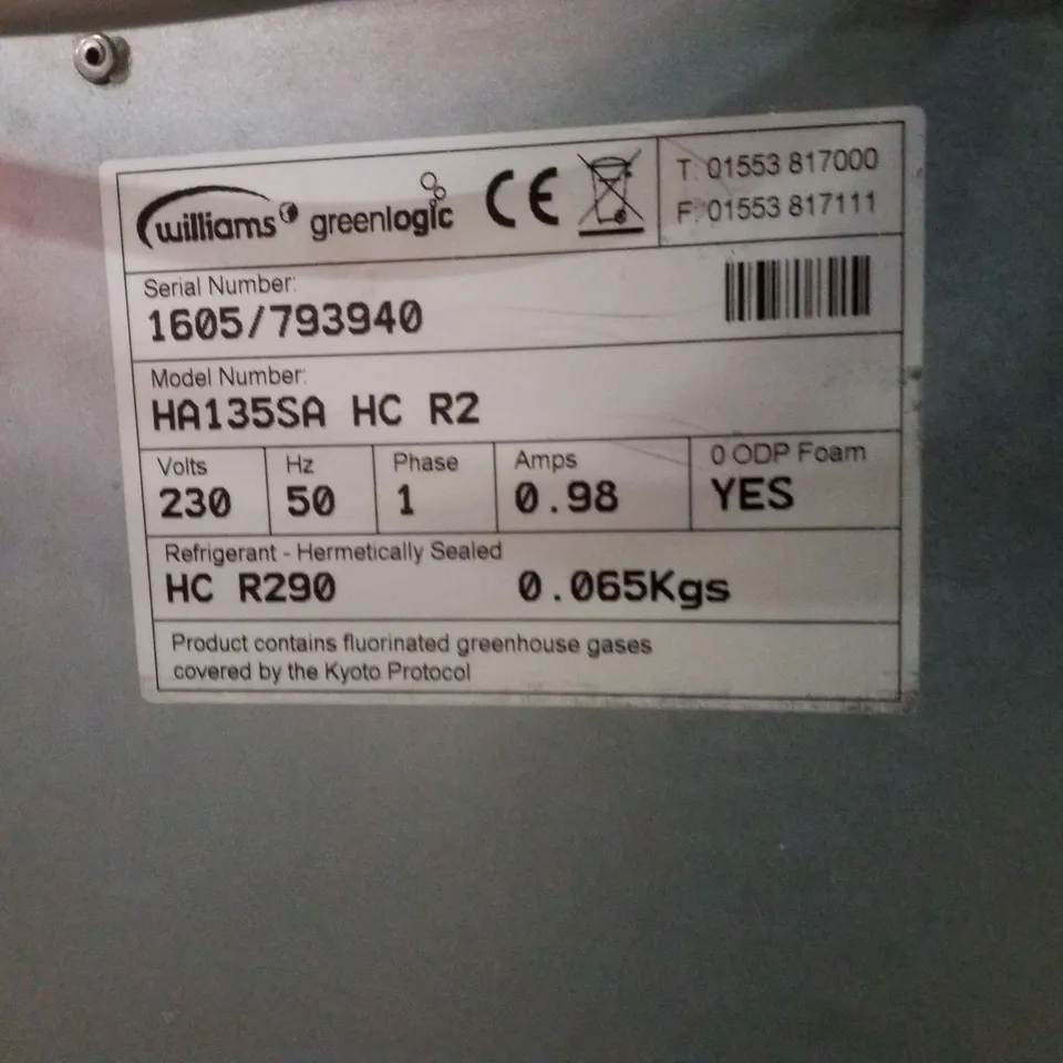 WILLIAMS HA135-SA SINGLE DOOR 135LTR UNDERCOUNTER REFRIGERATOR