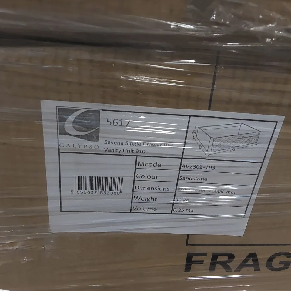 PALLET CONTAINING A LARGE QUANTITY OF BRAND NEW CALYPSO SAVENA SINGLE DRAWER VANITY BASES, CALYPSO WASHBASIN CABINET ECT