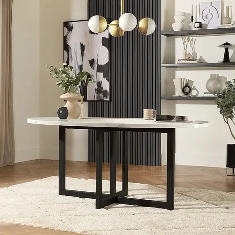 BOXED NEWBURY OVAL DINING TABLE, 180cm, WHITE MARBLE EFFECT & BLACK STEEL (2 BOXES)