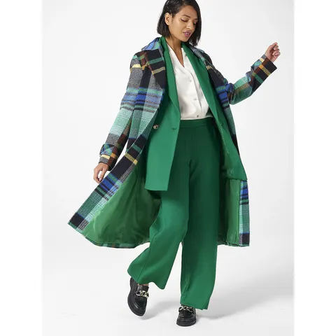 HELENE BERMAN WOOL MIX LONG COAT GREEN CHECK SIZE 16