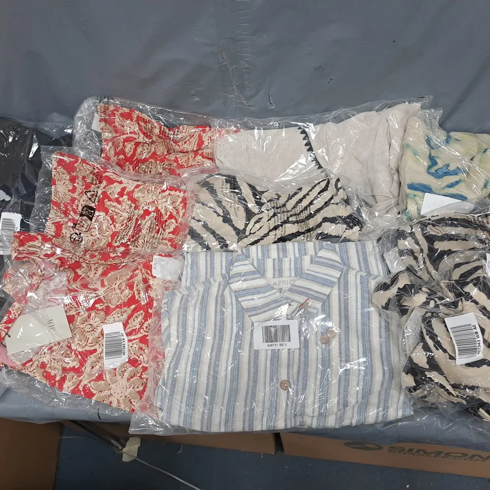 BOX OF APPROXIMATELY 10 ASSORTED BAGGED PIECES OF CLOTHING IN VARIOUS STYLES, SIZES, AND BRANDS 