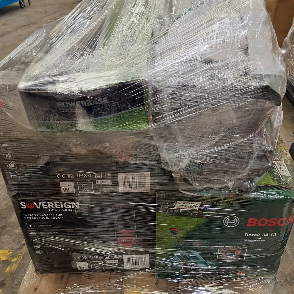 PALLET OF ASSORTED GARDEN TOOL ITEMS TO INCLUDE SOVEREIGN ROTARY LAWN MOWER,GRASS TRIMMERS AND POWERBASE MINI CHAINSAW