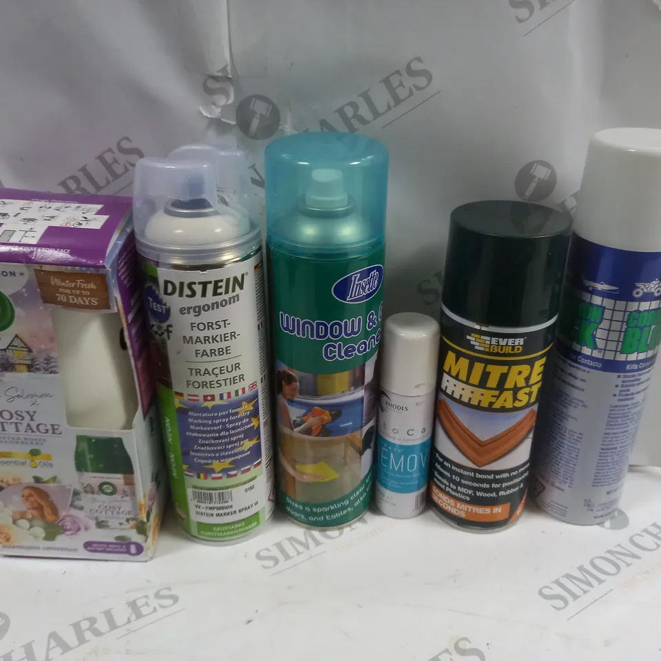 BOX OF APPROX 15 ASSORTED AEROSOLS TO INCLUDE CORROSION BLOCK, WINDOW CLEANER, L'OREAL BLACK MAGIC RETOUCH ETC - COLLECTION ONLY 