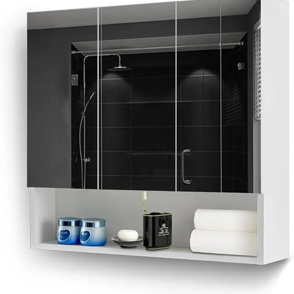 BOXED TUKALAI WHITE BATHROOM MIRROR CABINET WITH OPEN STORAGE 3 DOORS WALL MOUNTED CABINET WITH ADJUSTABLE SHELVES (1 BOX)