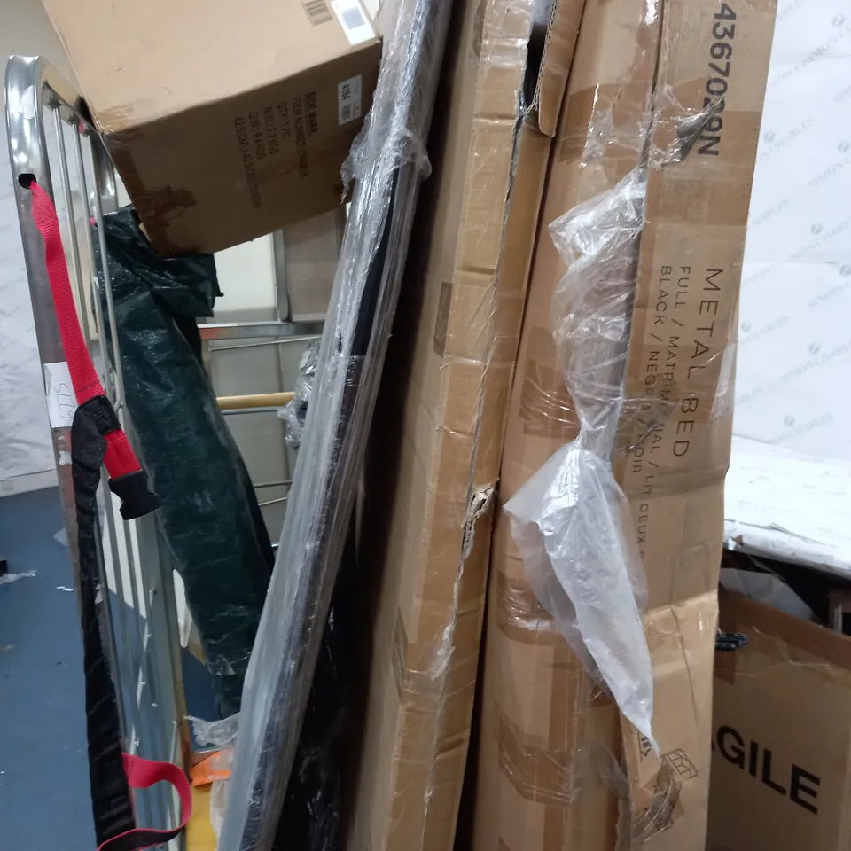 CAGE OF ASSORTED ITEMS TO INCLUDE METAL BED FRAME, HEADBOARD - COLLECTION ONLY