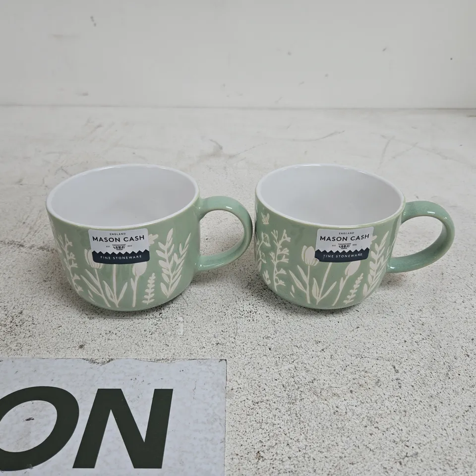 SET OF 2 MASON CASH GREEN/WHITE FINE STONEWARE CUPS BOXED