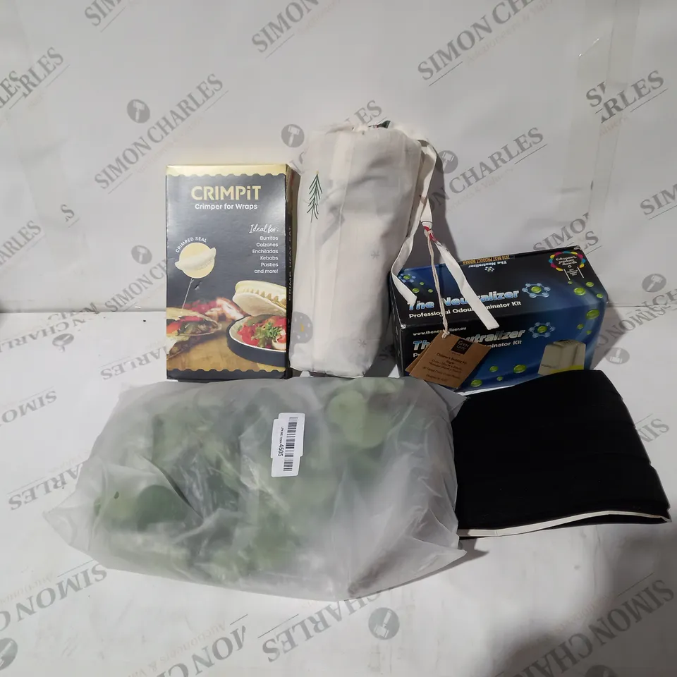 BOX OF ASSORTED HOUSEHOLD ITEMS TO INCLUDE SYNTHETIC PLANTS, CRUST SHUTTER, BEDDING, WRAPPING PAPER ETC