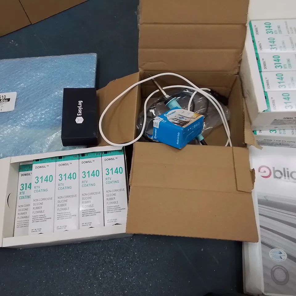 LOT OF ASSORTED ITEMS TO INCLUDE SOLDERING IRONS, DOWSIL 3140 RTV COATING, SAFETY GOGGLES AND POWER LEADS