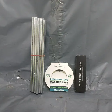 APPROXIMATELY 10 ASSORTED HOUSEHOLD ITEMS TO INCLUDE PRECISION EDGE MASKING TAPE, THE RITUAL SCOOP, ETC
