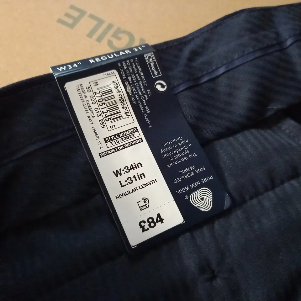 M&S SARTORIAL RUGULAR FIT NAVY TROUSERS - W34" REG 31"