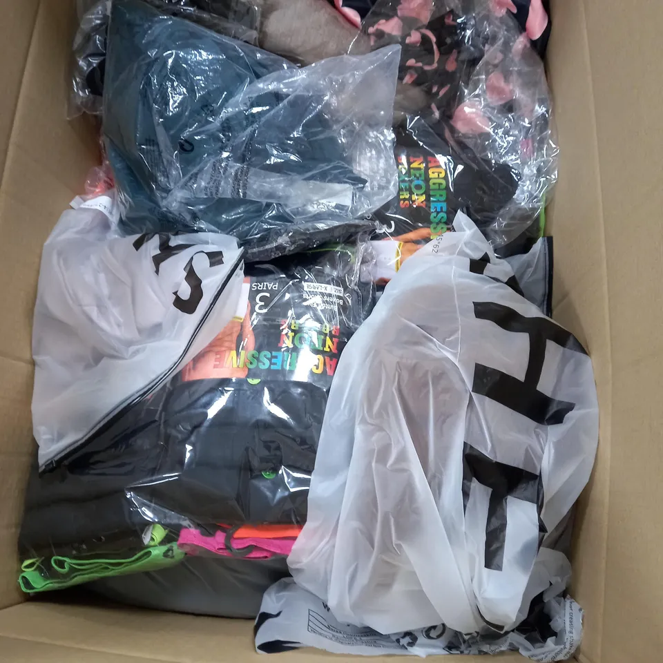 BOX OF APPROX. 50 ASSORTED CLOTHING VARYING IN SIZE/COLOUR/STYLE TO INCLUDE:  TOPS, TROUSERS, JUMPERS