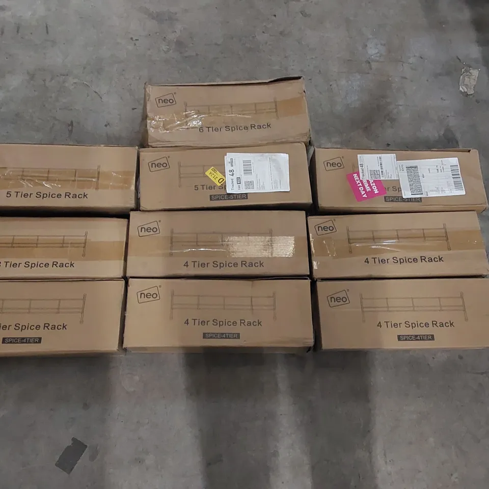 LOT OF APPROXIMATELY 10X ASSORTED BOXED NEO SPICE RACKS TO INCLUDE: 5X 4 TIER SPICE RACKS, 3X 5 TIER SPICE RACKS, 1X 3 TIER SPICE RACK, 1X 6 TIER SPICE RACK (2 ITEMS)