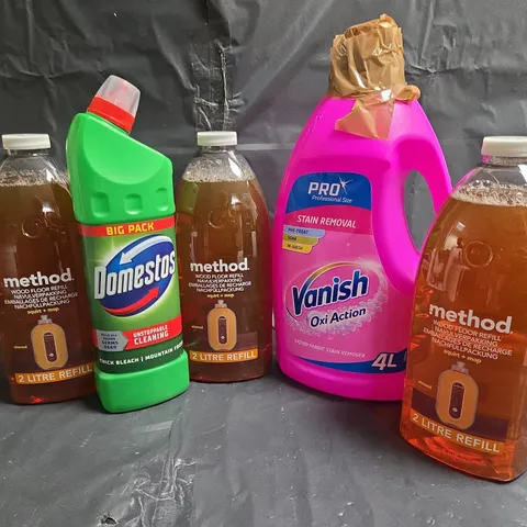 5 ASSORTED LARGE LIQUIDS TO INCLUDE METHOD WOOD FLOOR CLEANER, VANISH OXI ACTION, DOMESTOS THICK BLEACH - COLLECTION ONLY