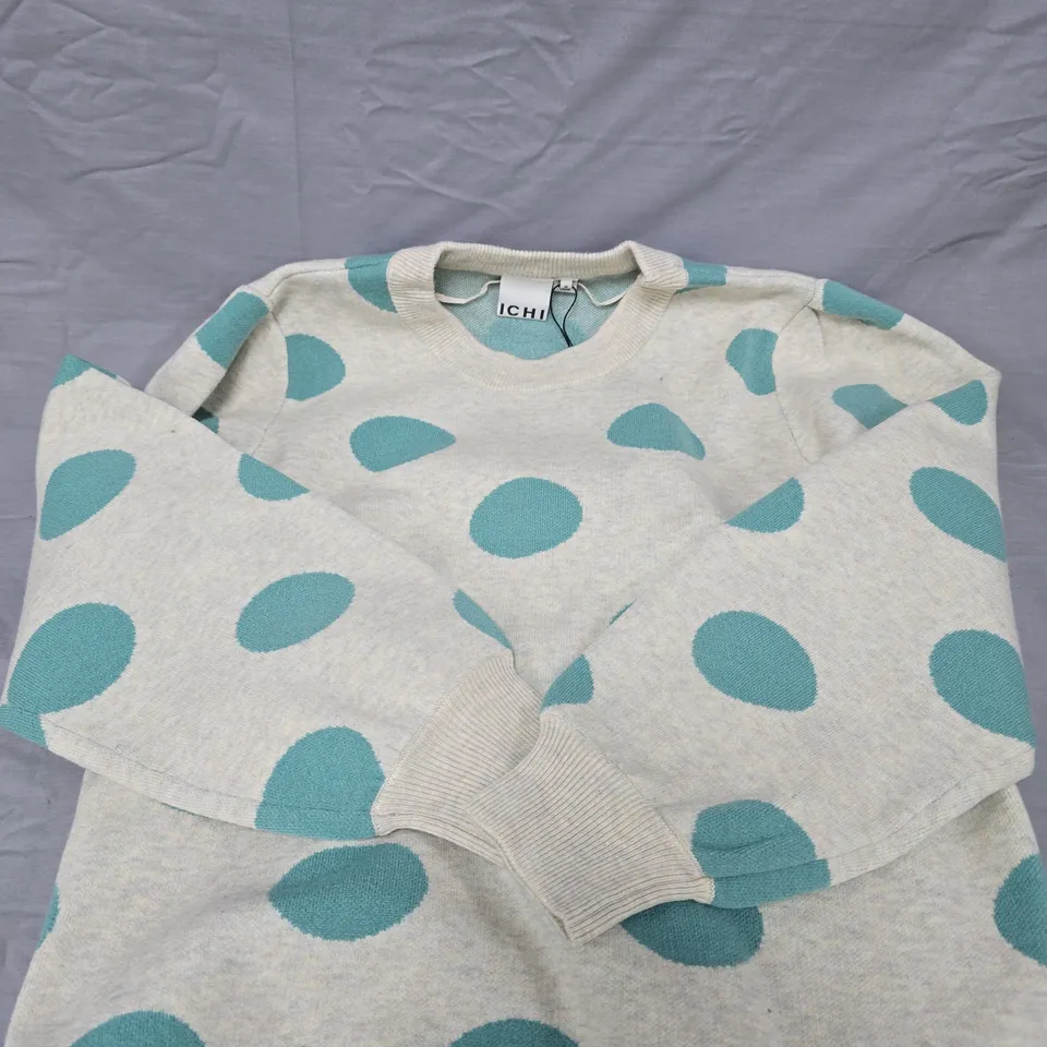 ICHI JUMPER – OATMEAL WITH TEAL POLKA DOTS - M