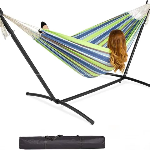 BOXED GR8 GARDEN SINGLE COTTON HAMMOCK OUTDOOR CAMPING PATIO BED SWING WITH SPACE SAVING STEEL METAL STAND FRAME