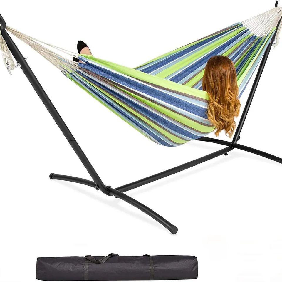 BOXED GR8 GARDEN SINGLE COTTON HAMMOCK OUTDOOR CAMPING PATIO BED SWING WITH SPACE SAVING STEEL METAL STAND FRAME
