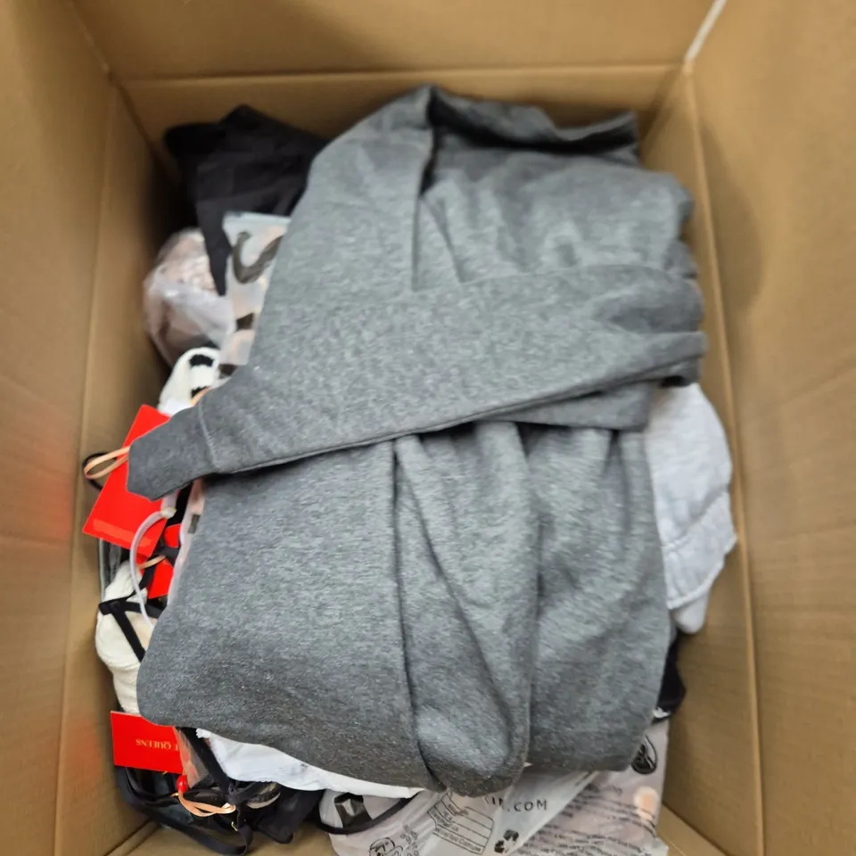 LARGE BOX OF ASSORTED CLOTHING ITEMS IN VARIOUS SIZES, STYLES AND COLOUR 