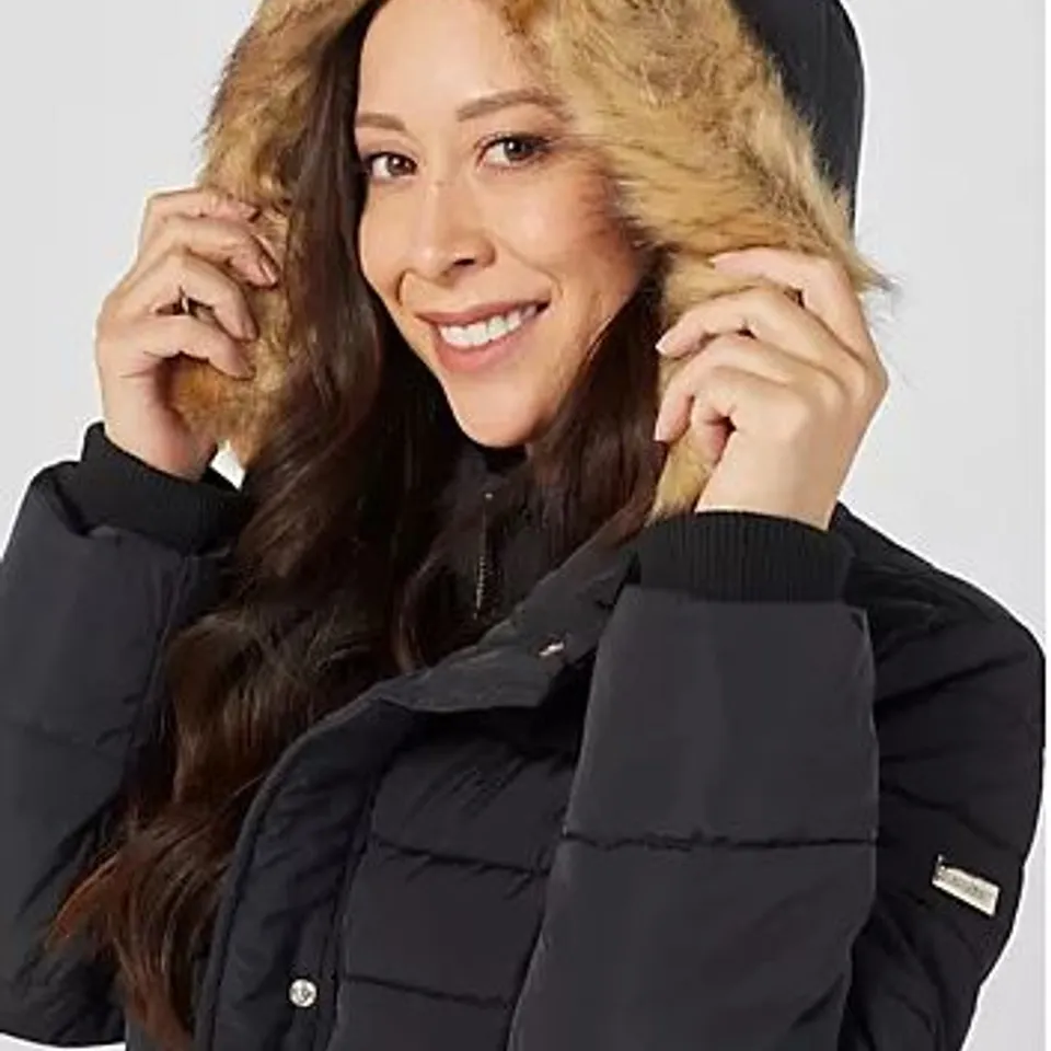 ENTIGRADE FAUX DOWN LONG LINE COAT WITH FAUX FUR TRIM HOOD BLACK MEDIUM