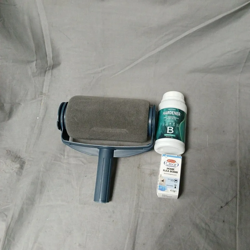 BOX OF ASSORTED DIY HARDWARE ITEMS – PAINT ROLLER, HARDENER & FLEA BOMB LARGE  QUANTITY OF ITEMS .
