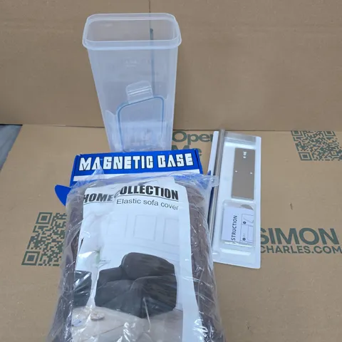 APPROXIMATELY 15 ASSORTED HOUSEHOLD PRODUCTS TO INCLUDE STORAGE CONTAINER, SOFA COVER, MAGNETIC BASE ETC 