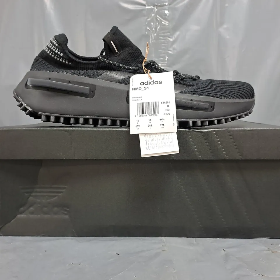 BOXED PAIR OF ADIDAS NMD S1 SHOES IN BLACKS SIZE UK 10